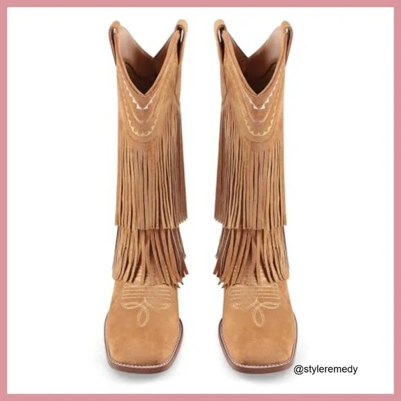 Fringe Mid Calf Cowgirl Boots with Low Chunky Block Heel Square Toe Pull On - Picture 5 of 6